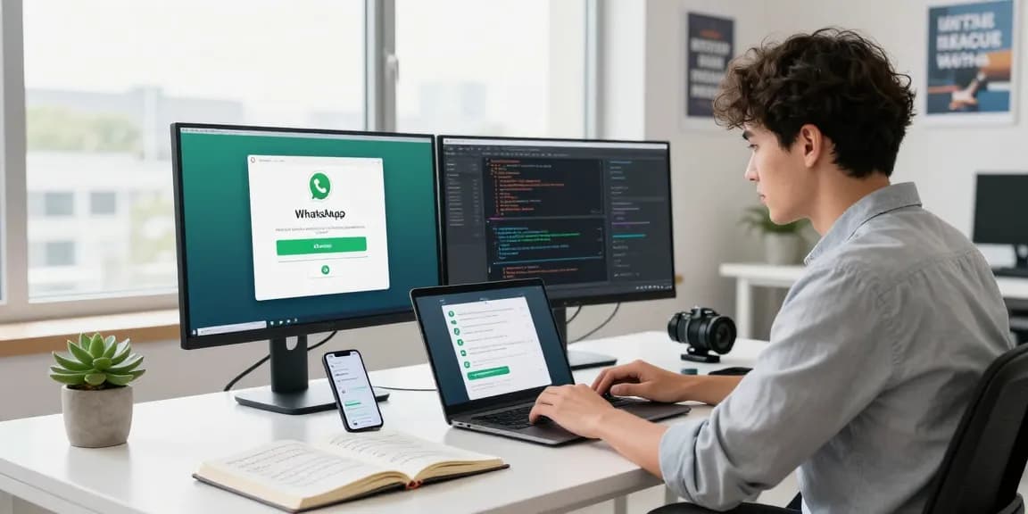 Downloading WhatsApp on a laptop in a modern workspace with productivity tools.
