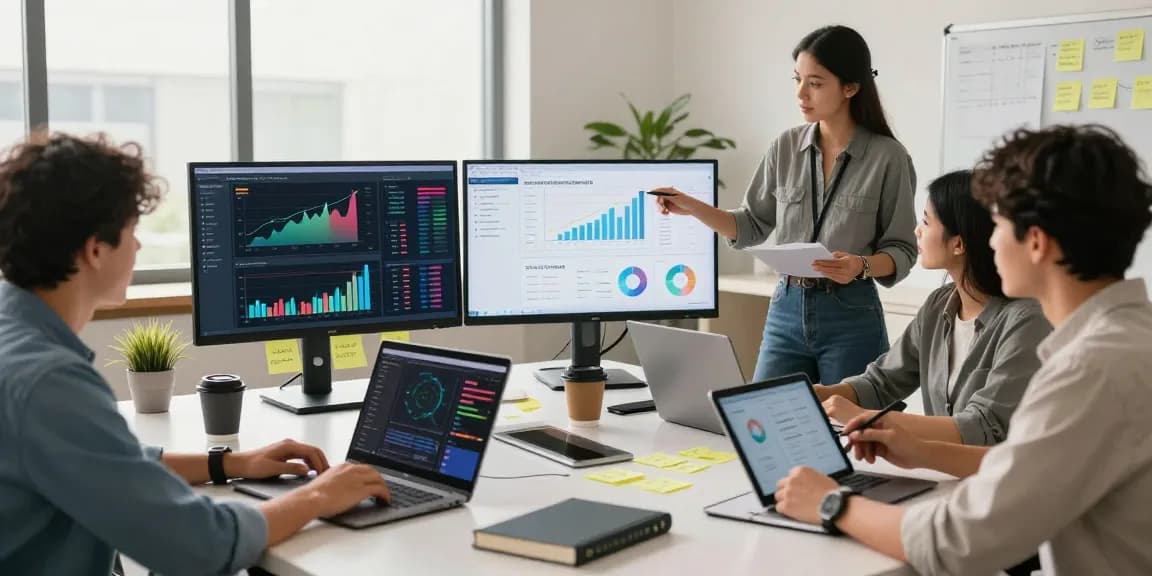 Team collaborating on AI marketing tools in a modern office setting with analytics on screens.