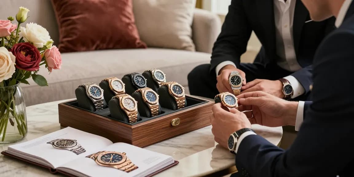 Exquisitely displayed clone watches in a sophisticated setting, showcasing luxury timepieces with elegance.
