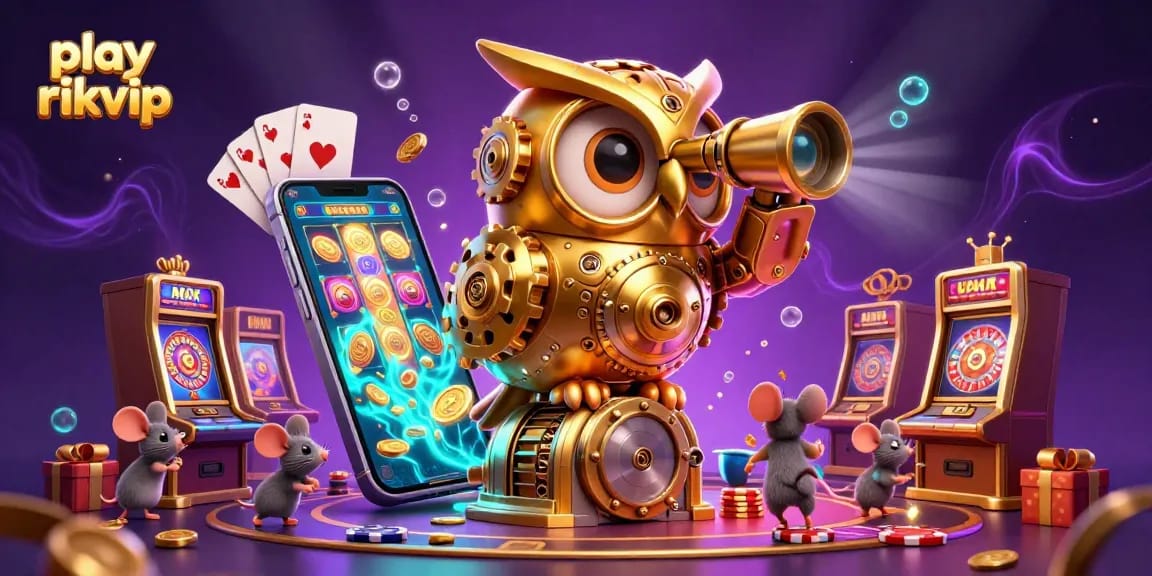 play rikvip engaging with vibrant slot games and animated casino action in a colorful 3D rendering