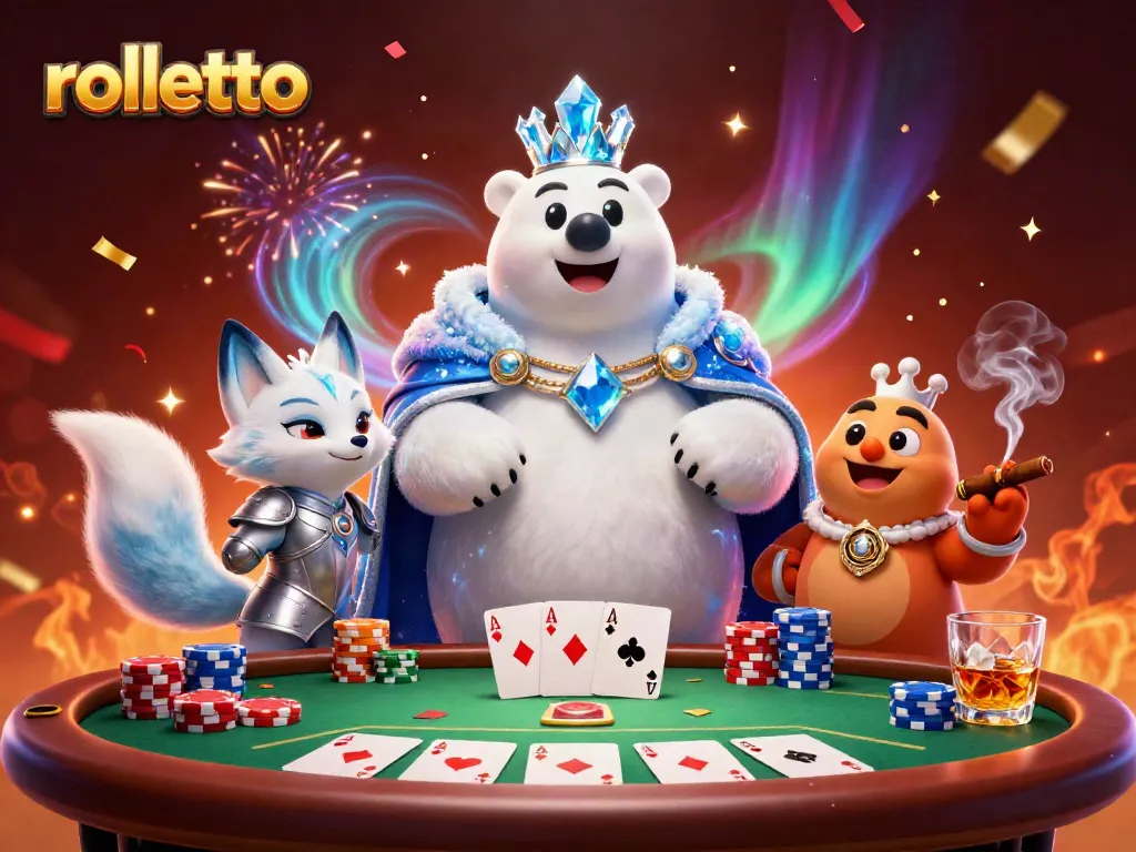 Experience rolletto's excitement with a festive 3D illustration of a polar bear and a fox at a poker table.