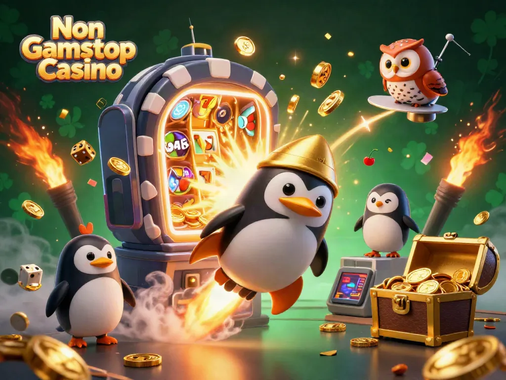 Experience exciting gameplay at a Non Gamstop Casino with a golden penguin blasting through space.