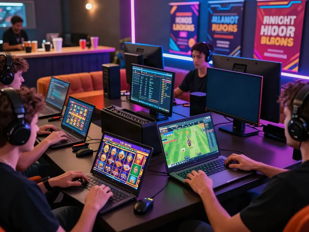 Exciting online gaming scene at TX88 showcasing diverse players engaging with colorful slot games on laptops and tablets, highlighting the vibrant atmosphere.