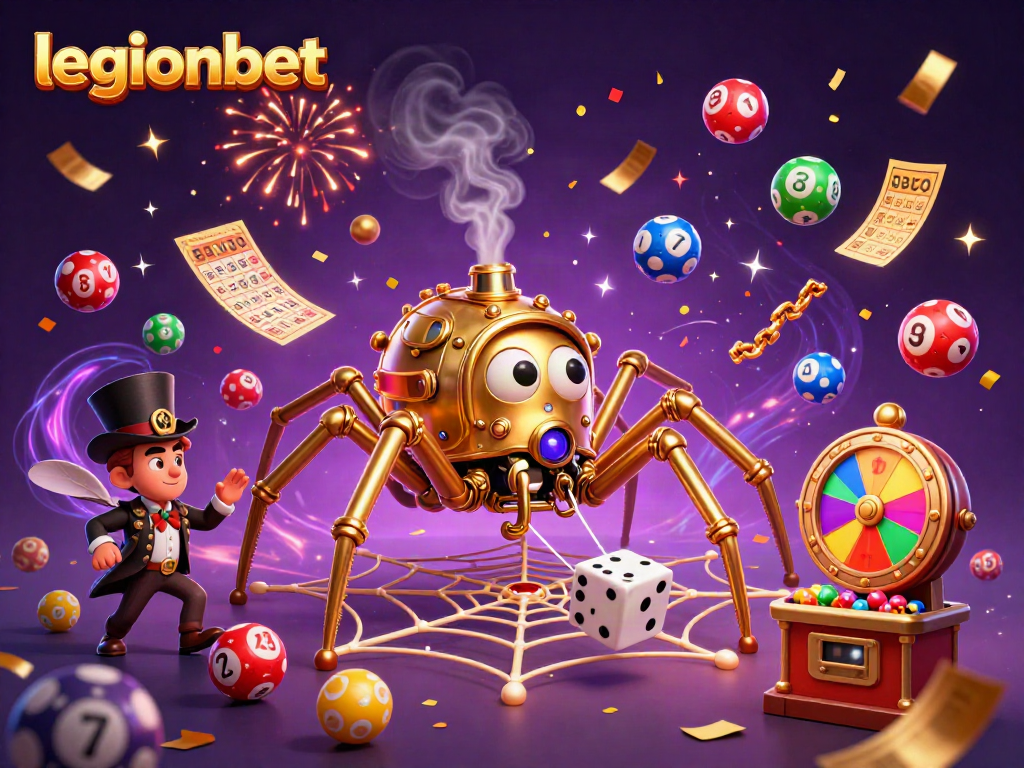 Engage with legionbet's steampunk themed 3D illustration featuring a web of casino games and excitement.