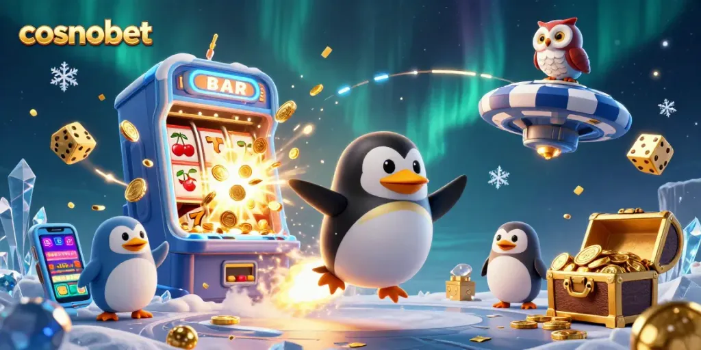Experience thrilling wins at cosmobet with a golden penguin racing towards a jackpot casino!