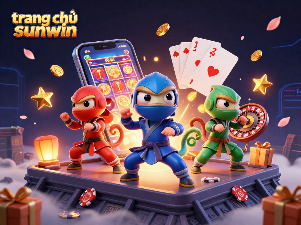 Engage at trang chủ sunwin with vibrant slot machines and chameleon ninjas in 3D illustration.