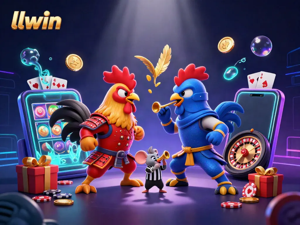 Experience the thrill of llwin with dynamic fight visuals of roosters, colorful slots, and immersive gaming elements.