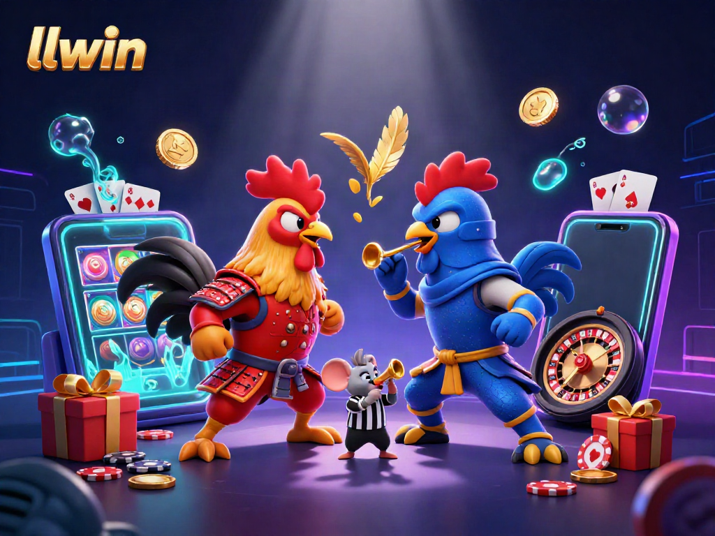 Experience the thrill of llwin with dynamic fight visuals of roosters, colorful slots, and immersive gaming elements.