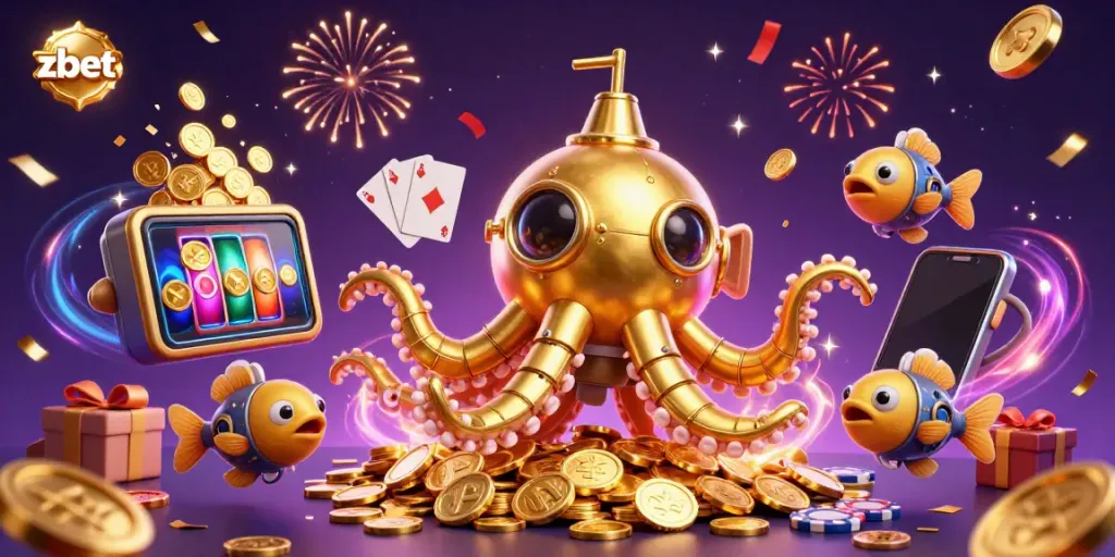 Experience thrilling wins with zbet amidst a golden kraken submarine and vibrant casino elements.