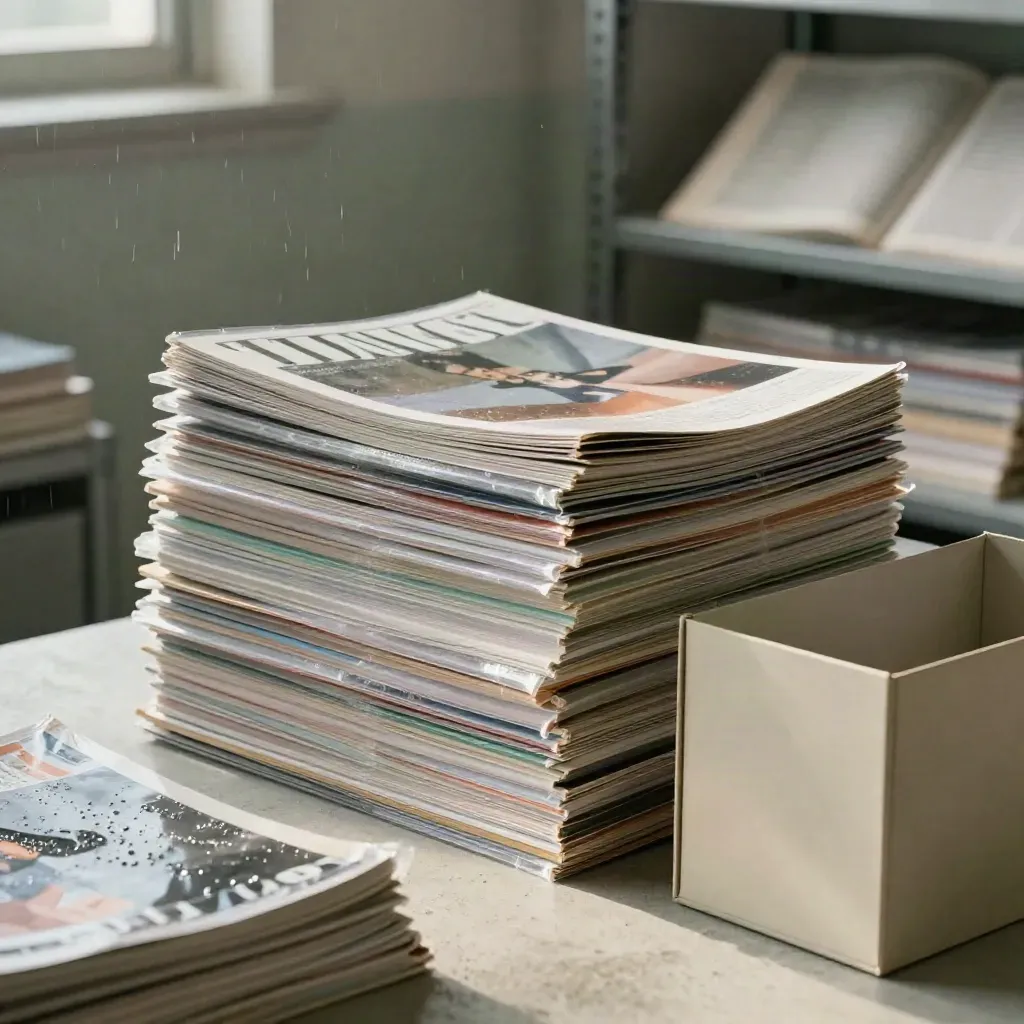 Back issues and archival sleeves stacked in a bright magazine vault at first light.