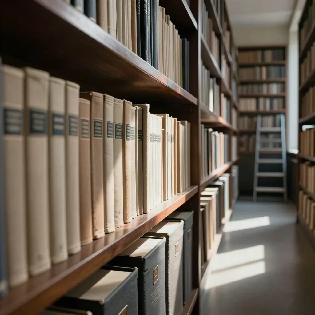 Low-angle archive shelves of bound back issues, storage boxes, and a blurred step ladder.