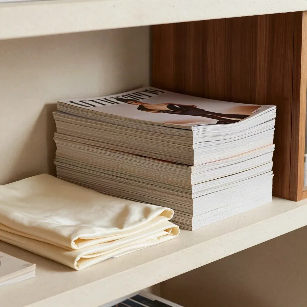 Fashion magazines cascade on a stone shelf beside cream cloth and satin swatch.