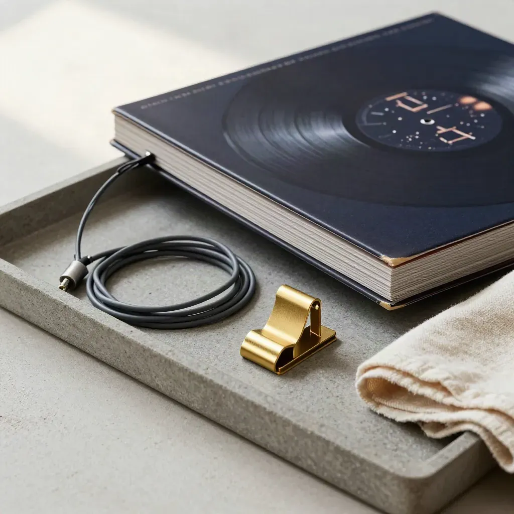 Music magazines, vinyl sleeve, cable and brass clamp arranged on a stone tray.