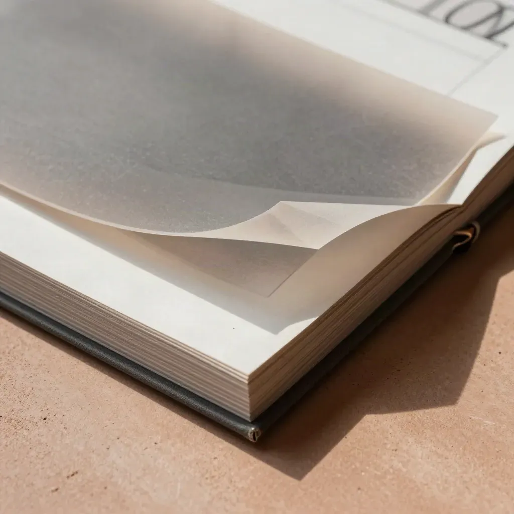 Overhead flatlay of design journals, tracing paper, acetate overlays, and a paper mockup