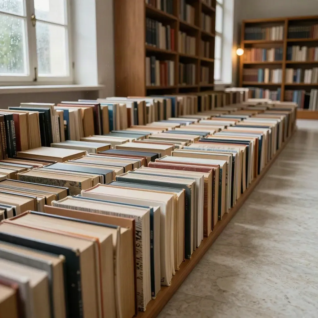 Low floor-level view of bound magazine runs curving around a corner in a warm archive bay.