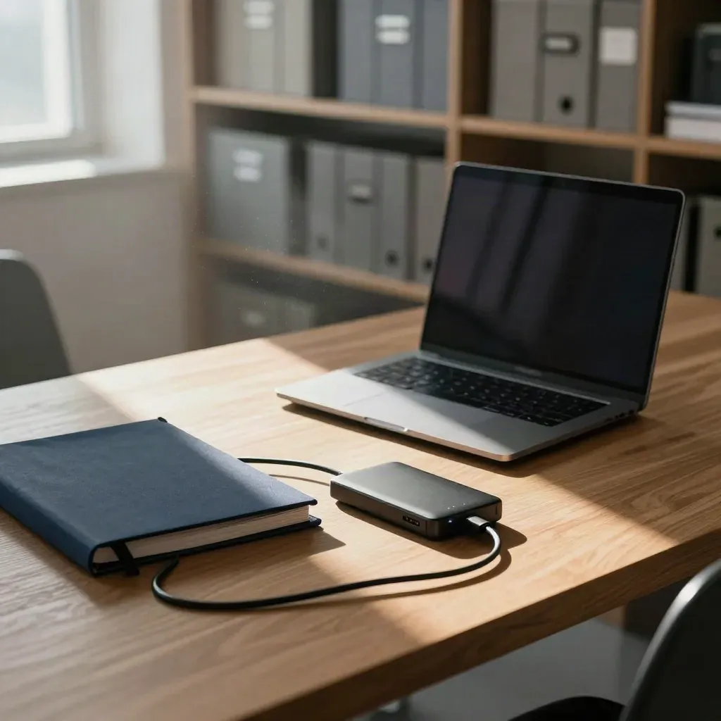 Archive desk with closed laptop, glowing drive, and cable in soft daylight.