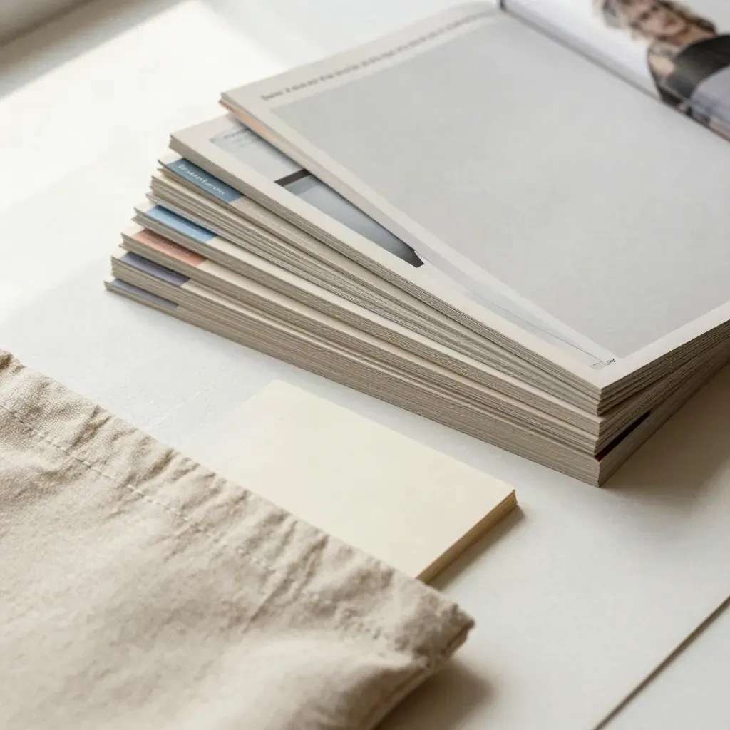 Overhead fan of sorted magazine issues, blank cards, and a linen pouch on a pale archive mat.