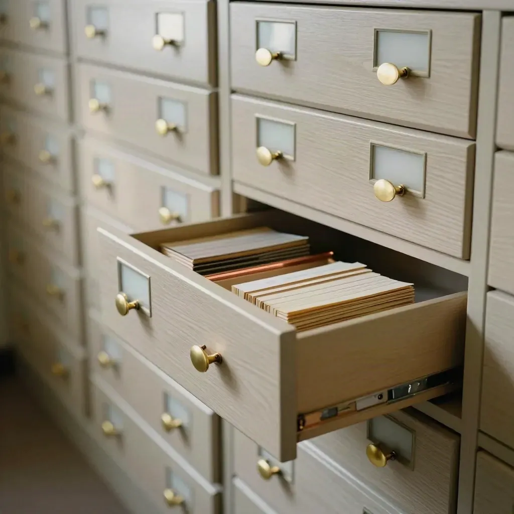Half-open archive drawers with brass pulls and an index tray in soft morning light.