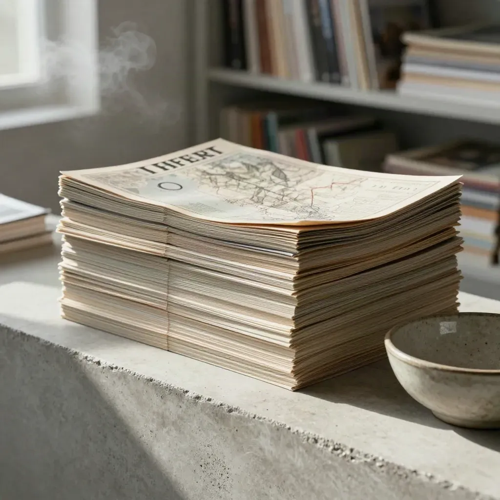 Magazine bundles beside a folded map and ceramic bowl on a concrete archive ledge.
