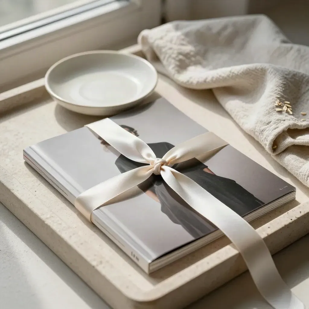 Glossy fashion magazine issue on stone tray with ribbon, ceramic dish and folded linen cloth.
