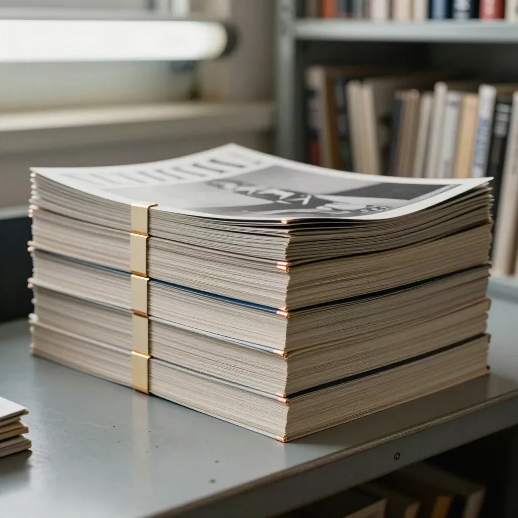 Stacked magazine issues with brass clips and a cloth tag on an archive bench