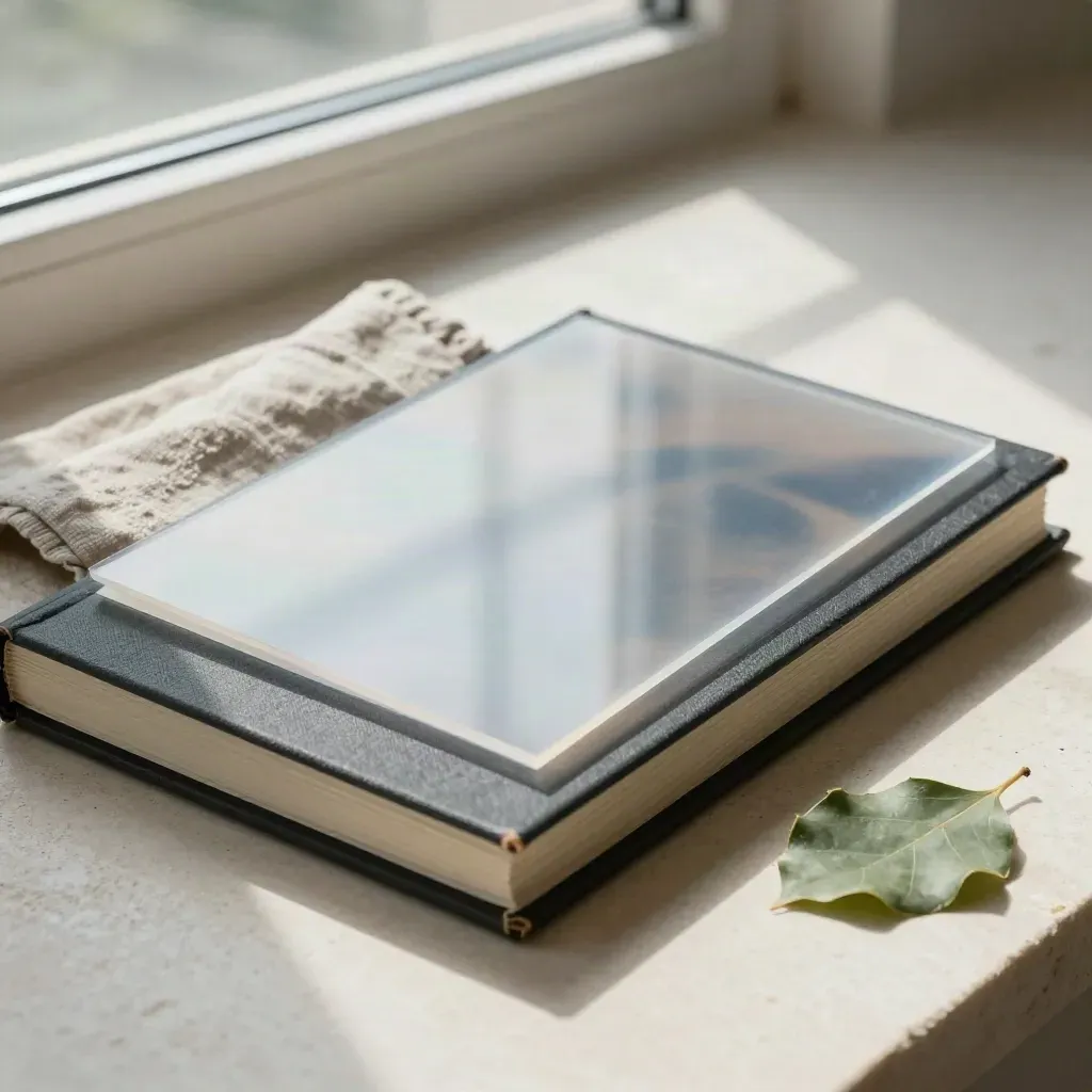 Acetate overlays on art journals with linen cloth and a plant leaf, overhead still life