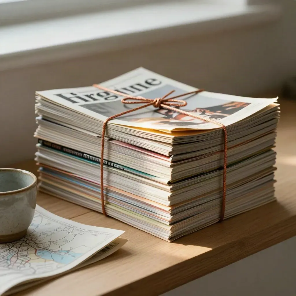 Regional magazine bundle with folded map sheet and ceramic cup on a pale wood ledge.