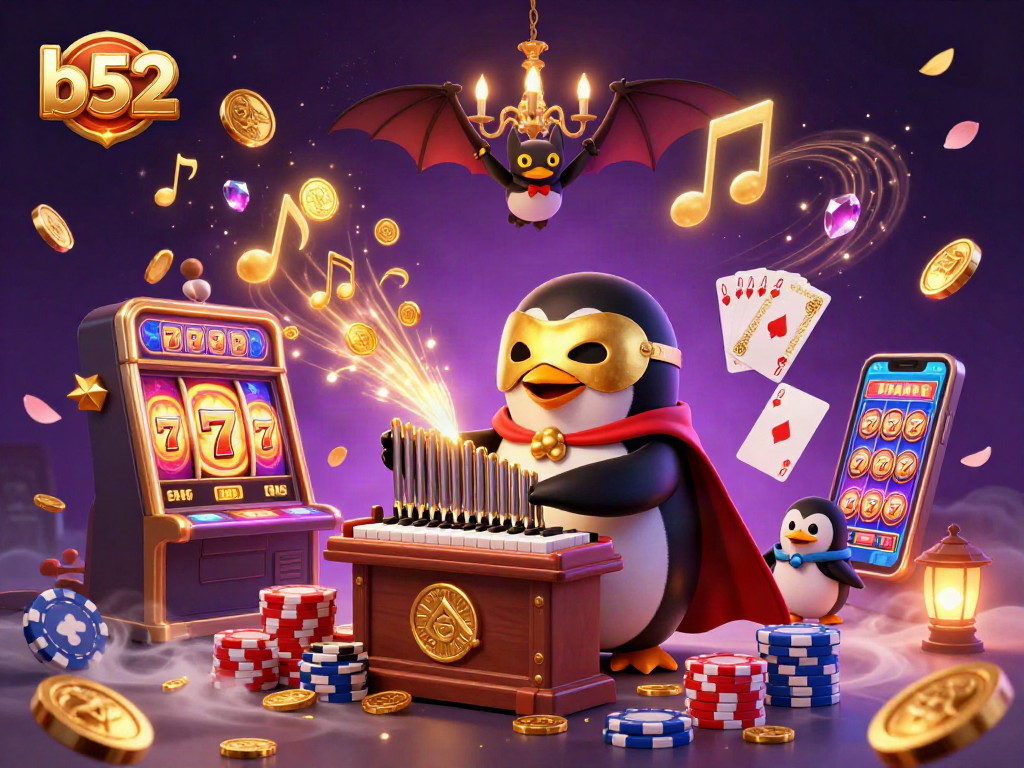 Experience thrilling wins with b52 in this vibrant 3D gambling scene featuring coins and jackpots.