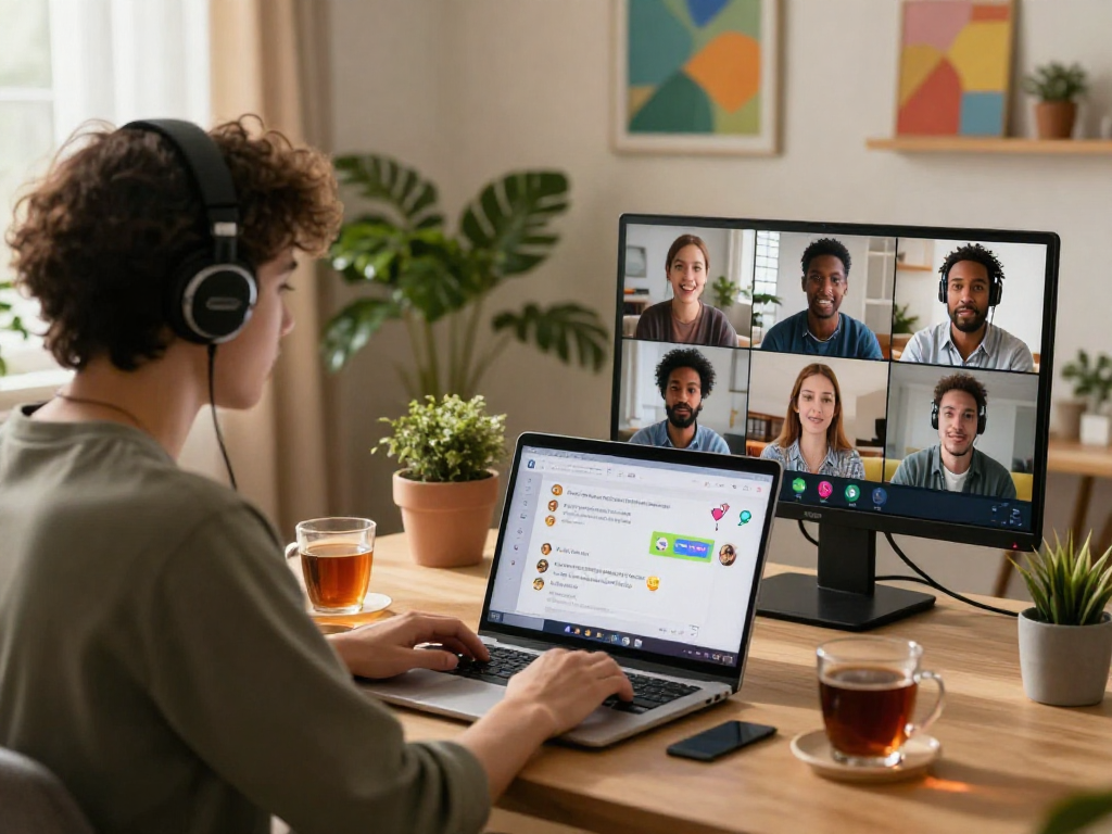 Interactive ai porn chat scene with diverse users engaged in dynamic conversation and cozy home office setting.