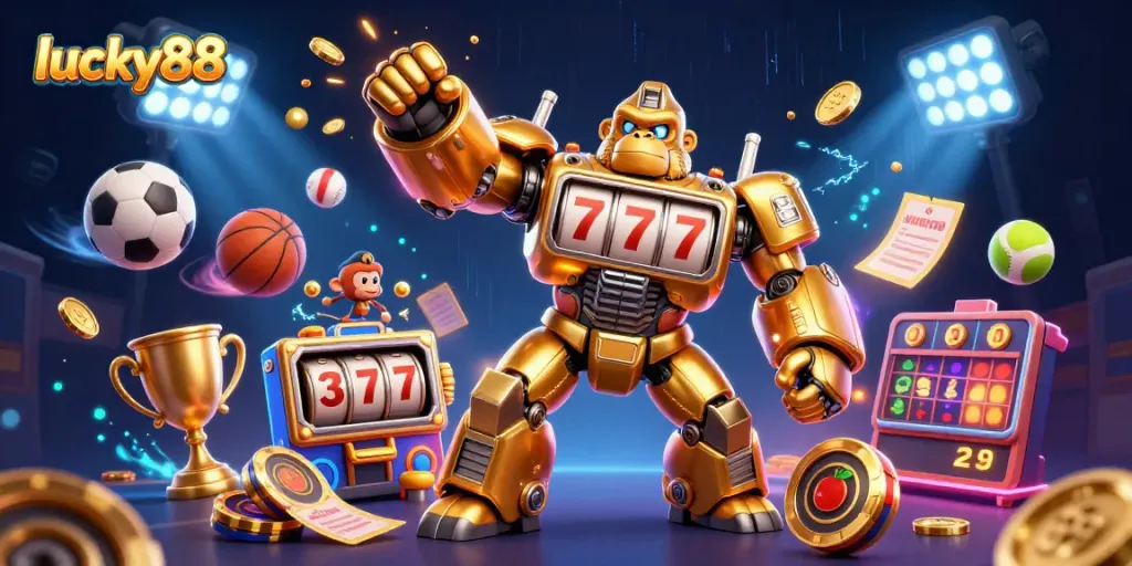 Spin to win with lucky88 in this vibrant 3D illustration showcasing dynamic casino elements.