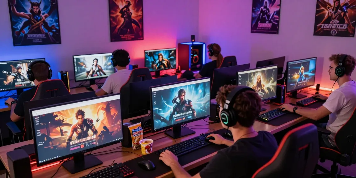 Adult players enjoying a porngame in a vibrant online gaming environment, surrounded by gaming gear and colorful decorations.