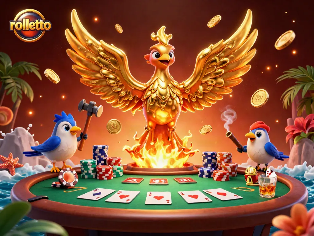 Experience rolletto's excitement with a golden phoenix and poker scene in vibrant 3D illustration.
