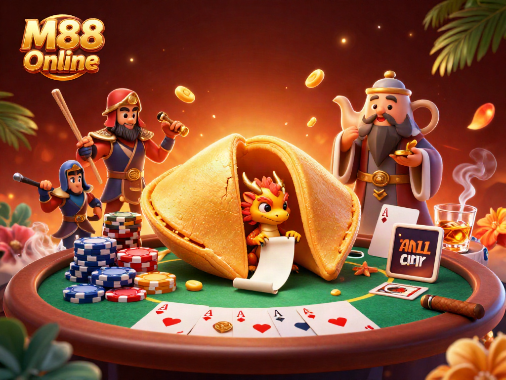 Engage in M88 Online's dynamic gaming scene with a vibrant poker setup and fantasy characters.