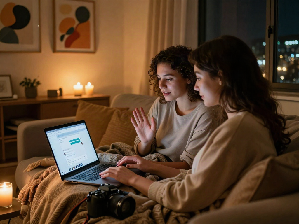 Engaging in ai sex chat in a cozy home setting with intimate atmosphere.