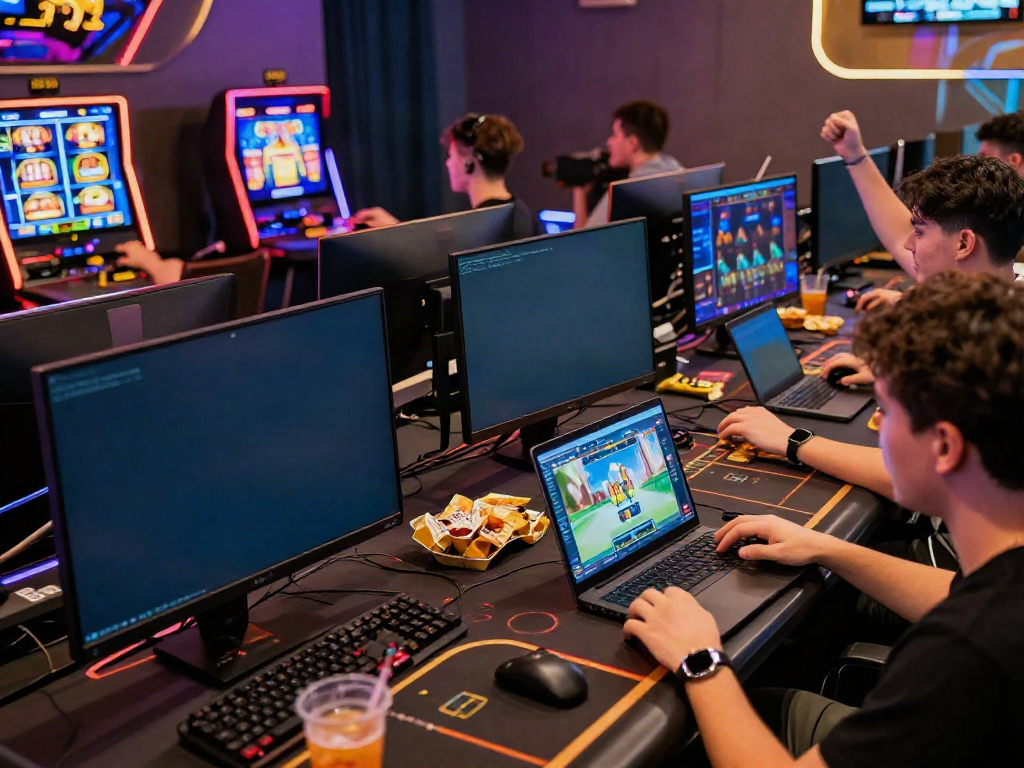 DEBET online gaming platform with players enjoying diverse games on devices in a vibrant digital atmosphere.