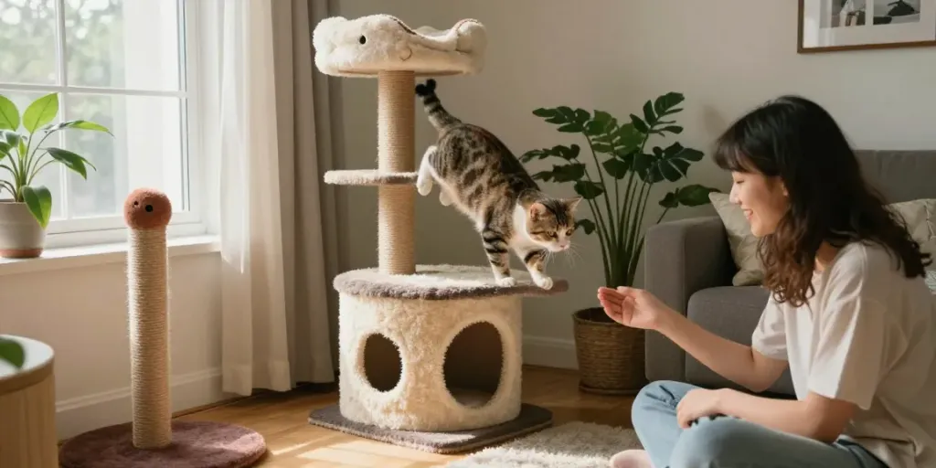 Playful cat climbing a stylish cat cat tree in a cozy living room