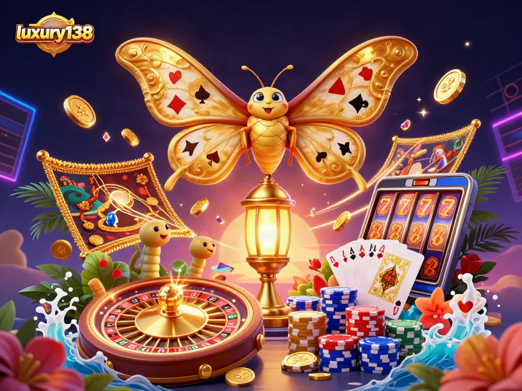 Experience luxury138's vibrant casino scene with golden coins, roulette wheel, and slot reels.