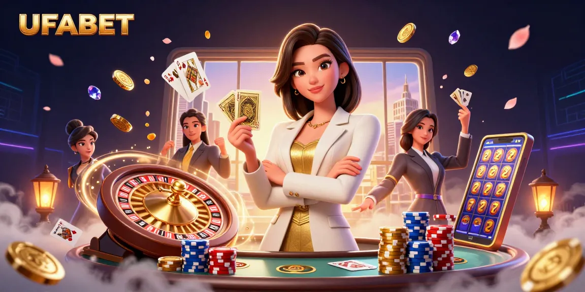 Engage in thrilling gaming at UFABET with a powerful business woman surrounded by coins and casino elements.