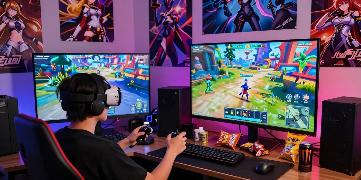 Exciting gaming setup showcasing a player immersed in a fascinating hentai game, vibrant graphics and action scenes, engaging fantasy elements