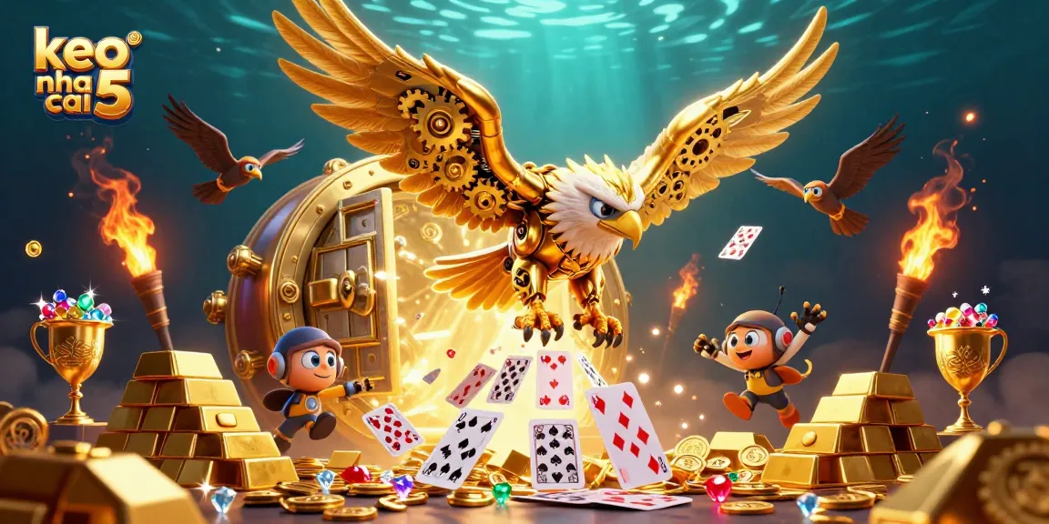 Experience the excitement of keo nha cai 5 as a golden eagle dives through holographic cards, revealing riches.
