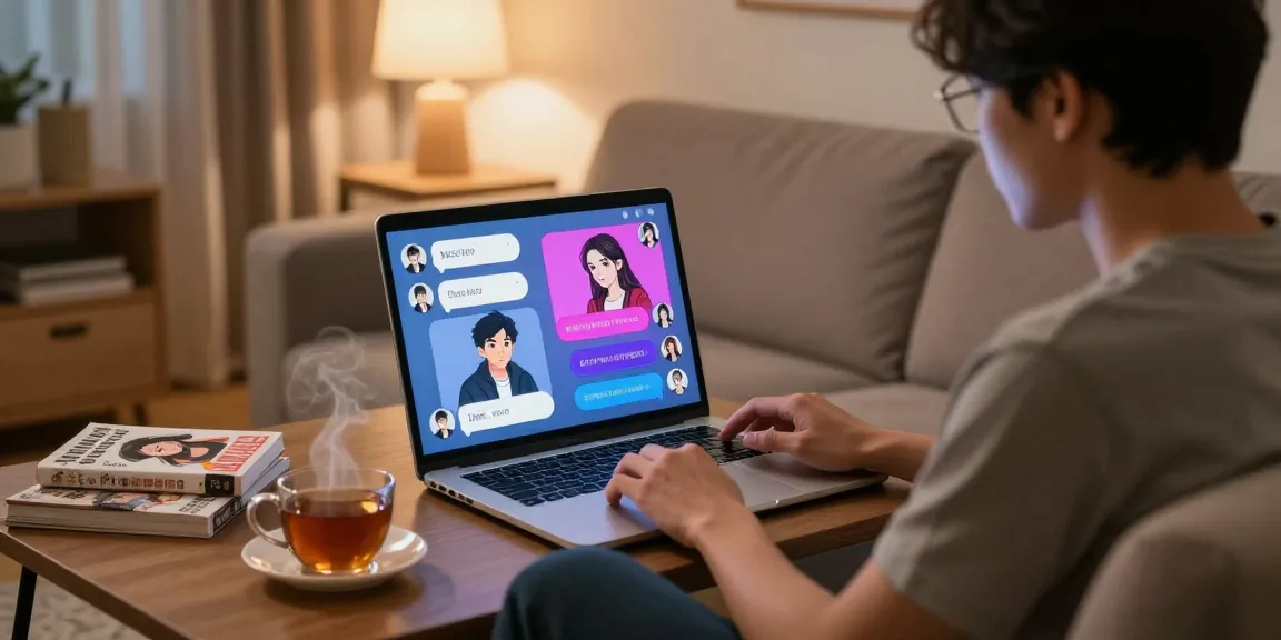 Engaging user interacting with ecchi AI chat in a cozy setting, showcasing dynamic conversation and illustrations.