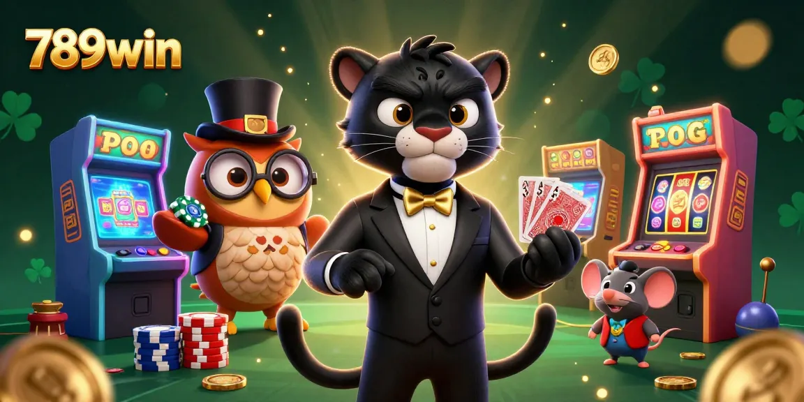 Join the action with 789win as a stylish panther and friends deal cards in a vibrant casino scene.