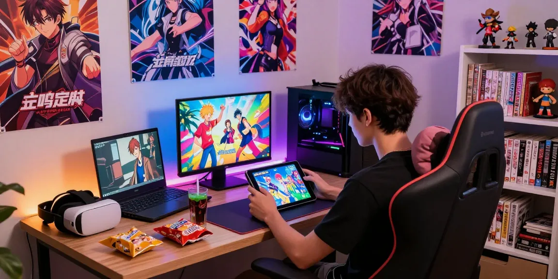 Engaging scene featuring a player immersed in ecchi games on a tablet, vibrant gaming setup with posters and snacks.
