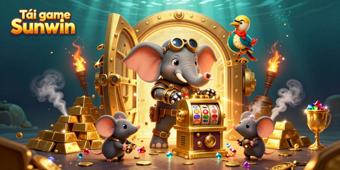 Experience the thrill of Tải game Sunwin with a lively steampunk slot illustration surrounded by treasure.