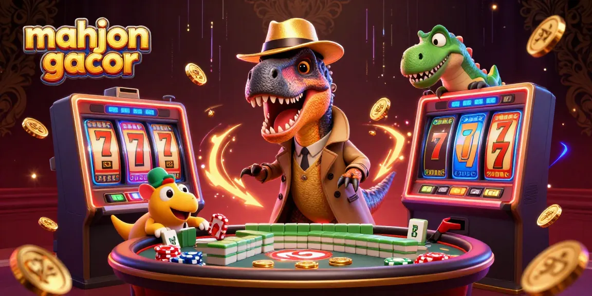 Experience the excitement of mahjong gacor with lively characters at a vibrant slot machine table.