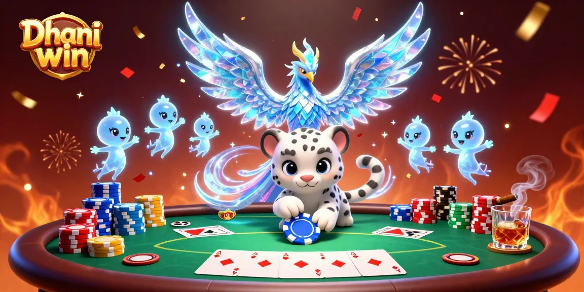 Dhani win showcases a playful scene with an ice phoenix and snow leopard at a vibrant poker table.