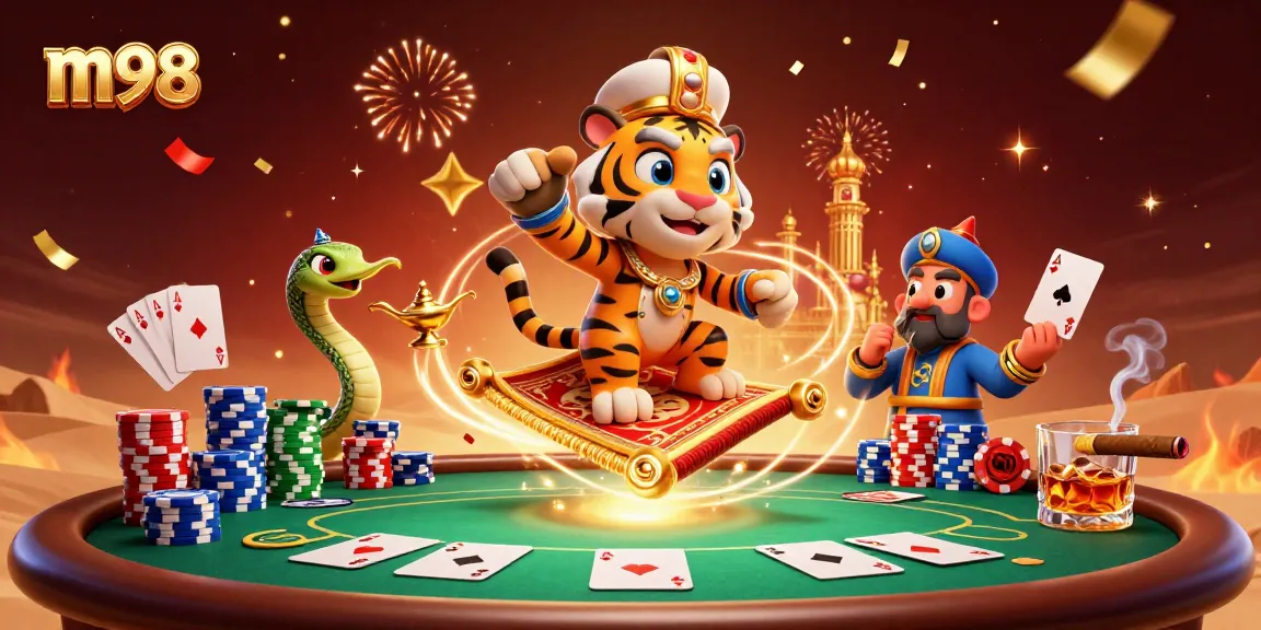m98 players enjoy thrilling poker action in a vibrant Arabian Nights casino scene
