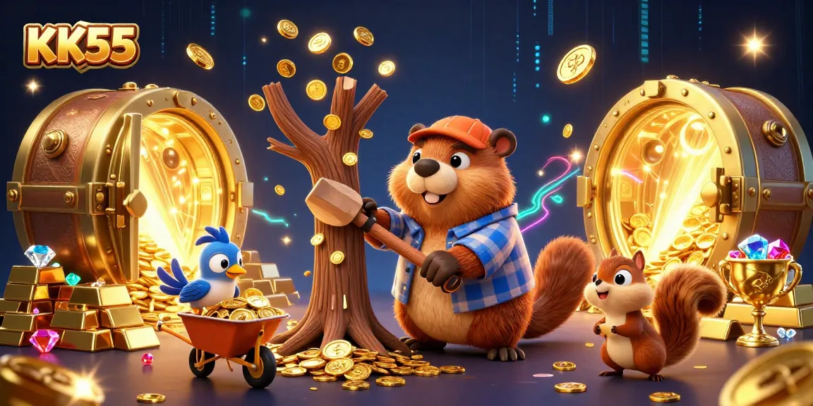 Experience the thrill of winning at KK55 with a whimsical scene of a beaver, bird, and squirrel surrounded by treasures.