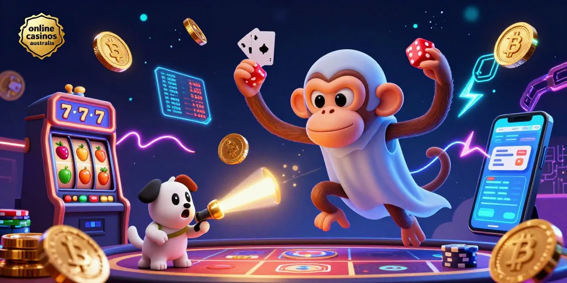 Engage with online casinos australia in a vivid 3D scene featuring a mischievous monkey and ghost-hunter puppy.