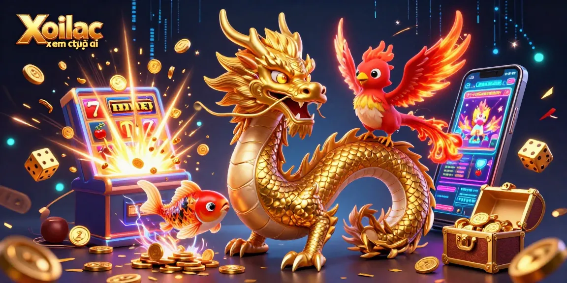 Xoilac xem trực tiếp features vibrant 3D characters and casino elements celebrating gambling excitement.